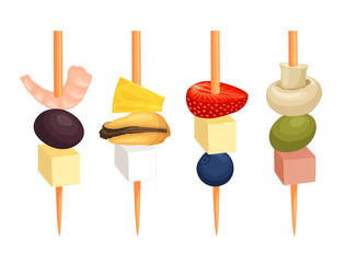Set canapes on skewers with various ingredients. Appetizing snack for banquets, presentations and picnics. Vector illustration in cartoon style. Appetizer template.