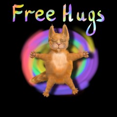 Free Hugs lettering and ginger cat on the rainbow circle. Digital painting 