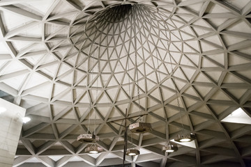 Vicenza, Italy, in the Sun Village, december 2017. Interior view of the interesting small San Carlo church, an architectural concrete experimentation with a curious roof structure in a spiral shape