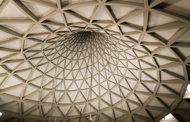 Vicenza, Italy, in the Sun Village, december 2017. Interior view of the interesting small San Carlo church, an architectural concrete experimentation with a curious roof structure in a spiral shape