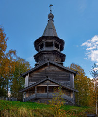 Russia. Karelia. Ancient Orthodox Church on the shore of lake Ladoga, built of wood without a single nail