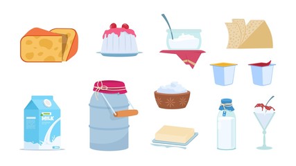 Dairy products. White milk containers, cheese slices, butter brick, bowls of yogurt and ice cream. Vector set isolated illustration of cartoon milk products