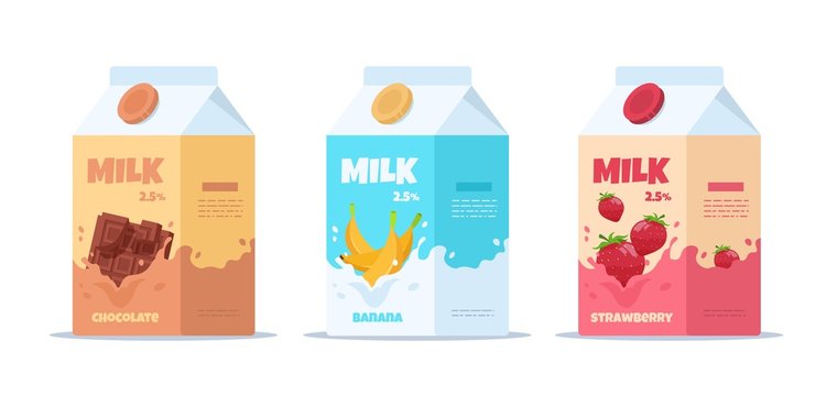 Vector illustration strawberry chocolate and banana milk cardboard boxesMilk package. Sweet milk with different tastes, cartoon containers with dairy products for kids