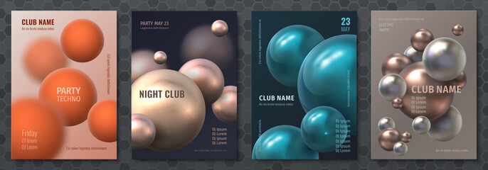 Abstract sphere poster. Modern brochure with realistic 3D plastic balls, music party flyer template. Vector illustration background with colorful geometric orbs for club festival