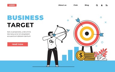Target web page. Business strategy landing page with office workers team, focus, communication and success concept. Vector illustration target strategy website design