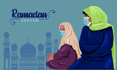 Ramadan Kareem. Women wear hijab. Muslim woman. Female hijab wear mask prevent virus, corona or COVID-19. Vector