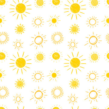 Vector hand drawn seamless pattern, sunny background, sun drawings, yellow scribble lines, sunrise, nature backdrop.