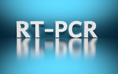 Large bold white text RT-PCR abbreviation of Reverse transcription polymerase chain reaction on blue background. 3d illustration.