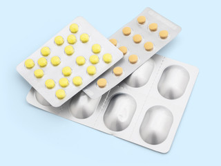 A large number of capsules in a silver package on a colored background, isolate, close-up. There are a lot of packages with medicines for the treatment of various diseases. Layout for the designer