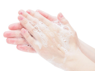 Hand washing during the coronavirus pandemic on a white background, close-up. Step-by-step instructions for washing hands with soap, virus protection. Taking precautions and preventing colds