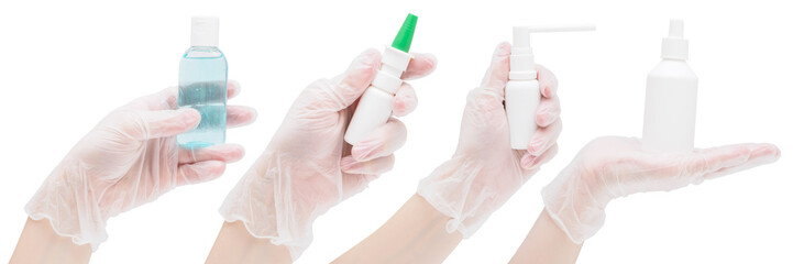 Many hands in rubber medical gloves hold various antiseptics, sprays, aerosols, bottles on a white background, mock-up, close-up. Website title, banner, or poster for medicine and healthcare