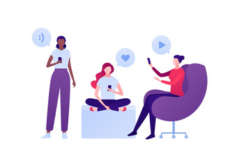 Social media blogger and telework concept. Vector flat person illustration. Group of female with smartphones and talk bubbles. Like and smile sign. Design element for banner, ui, poster, ad.