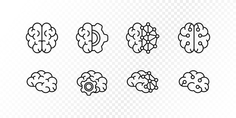Neurology science, human brain research concept. Vector flat illustration icon set. Collection of simple outline brain sign. Design element for medical banner, web ui, psychology infographic, ai tech.