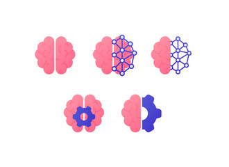 Neurology science, human brain research concept. Vector flat illustration icon set. Color half of brain sign with gear. Design element for medical banner, web ui, psychology infographic, ai tech