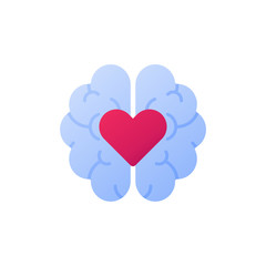Mind and emotion intelligence concept. Vector flat illustration. Human brain with red heart shape on it isolated on white background. Psychology health and passion. Design element for banner, ui, logo