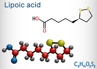 Lipoic acid, LA, ALA,  alpha lipoic, thioctic acid, lipoate molecule. It is organosulfur compound, vitamin-like antioxidant, enzyme cofactor. Structural formula, molecule model