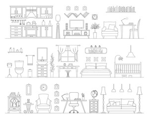 Horizontal panorama of the interior furnished with various furniture. Vector illustration in a linear style. Room with outline furniture silhouettes. Scheme of interior items.