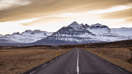 Ring Road at sunset, East Fjords, Iceland, Europe