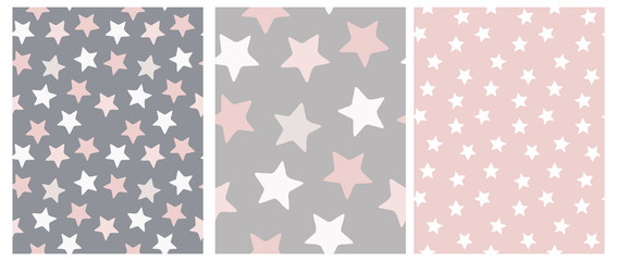 3 Varius Star Vector Patterns. Irregular Hand Drawn Simple Starry Sky Print. Nursery Backdrop. Infantile Style Design. White, Gray and Pink Stars on a Gray and Pink Layout. Carpet, Fabric Pattern. 