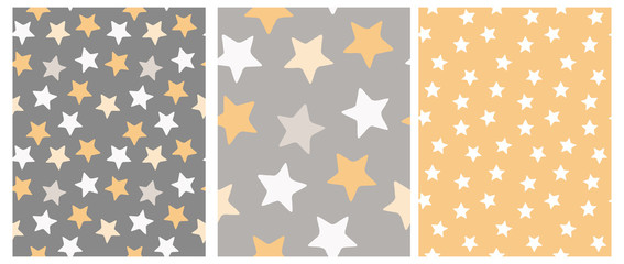 Set of 3 Varius Star Vector Patterns. Irregular Hand Drawn Simple Starry Sky Print. Nursery Backdrop. Infantile Style Design. White, Gray and Yellow Stars on a Gray and Yellow Layout. Carpet Pattern. 