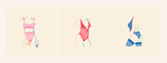Set of Elegant attractive female body silhouettes. Ladies wearing Sexy colored Lace Lingerie. Hand drawn trendy Vector fashion isolated illustrations. Unique style. Modern design