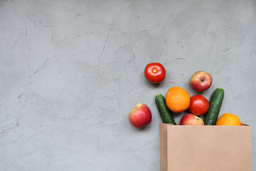 Paper bag vegetables and fruit. Сopy space. Bag food and healthy food concept.