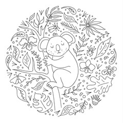 Koala on a eucalyptus tree on a background of tropical foliage. Round frame with hand-drawn decorative elements, leaves, flowers, beetles. Vector illustration in offline style. Coloring page.
