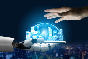 3D Rendering futuristic robot technology development, artificial intelligence AI, and machine...