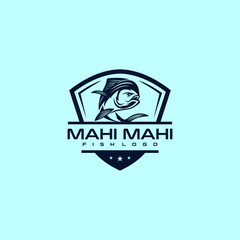 Obraz premium Dynamic Mahi Mahi Fish Badge Logo Professional Nautical Shield Vector for Sport Fishing Seafood Brands and Marine Adventure Branding
