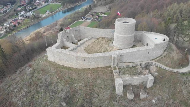 Castle in Beskids Mountains in spring. Village Rytro, Poland.