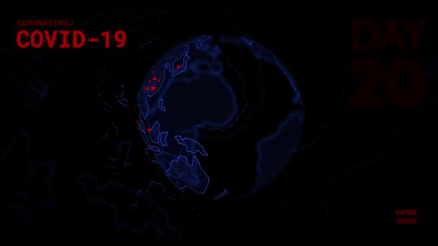 Digital animation of the world affected by the Coronavirus dessease COVID-19 with animated text, day count and number of infected and dead people.