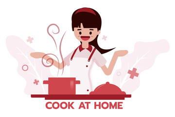 A woman cooking food by herself at home.Concept of covid19 quarantine.