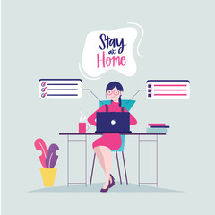 Stay home banner template. Woman work online, teleworking. Quarantine or self-isolation. Health care concept. Fears of getting coronavirus. Global viral epidemic or pandemic. Flat vector illustration