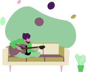 boy man playing guitar on the couch at home. 