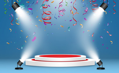 Winner background with signs of first, second and third place on a round pedestal. Vector winner podium sports symbols.