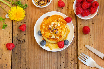 frische Pfannkuchen Pancakes Top View Flat lay 