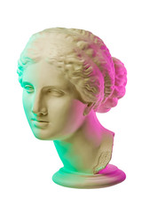 Statue of Venus de Milo. Creative concept colorful neon image with ancient greek sculpture Venus or Aphrodite head. Webpunk, vaporwave and surreal art style. Pink and green duotone effects. © Ded Pixto