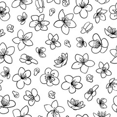 Spring blossom flowers black line isolated vector seamless pattern