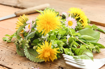 Obraz na płótnie Canvas Wildkräutersalat Salat Wildkräuter essbare Blüten Kräuter 