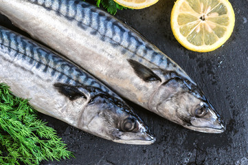 Fresh fish mackerel with lemon and vegetables on dark background