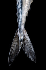 Fish tail concept image on black stone table from top view