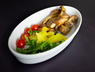 Pork,pork ribs, tomato, white plate, roasted pork, pork baked, rosemary, top view, wooden cutting, 
meat, food, raw, pork, beef, fresh, dinner, steak, vegetables, chicken, meal, red, chop, pepper, tom