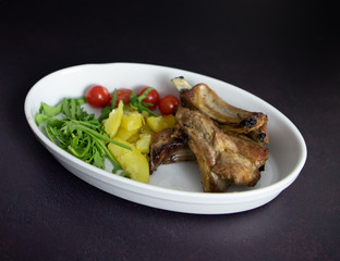 Pork,pork ribs, tomato, white plate, roasted pork, pork baked, rosemary, top view, wooden cutting, 
meat, food, raw, pork, beef, fresh, dinner, steak, vegetables, chicken, meal, red, chop, pepper, tom