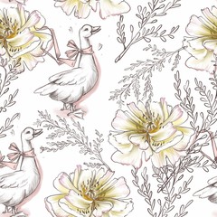 Fototapeta premium Flowers seamless pattern. field. white background. peonies. leaves. bird. goose. tape. pink