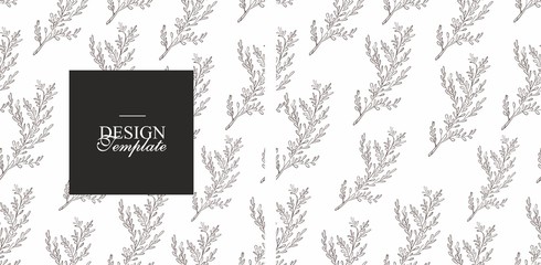 Obraz premium Patern flowers on a white background black graphics leaves and a black window for the text of the sale or invitation. The template is elegant and stylish