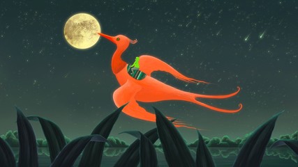 Obraz na płótnie Canvas Painting of a boy riding red bird in the night