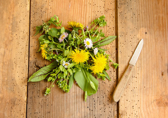 Wildkräutersalat Wildkräuter Salat Kräutersalat Tisch Brett overhead