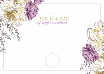 Flowers gift certificate template. white. training. peonies. roses