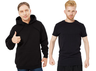 Black Hoody T-shirt mock up set isolated front view, man in black hoody and man in t shirt mockup set isolated on white background. Two guys in empty black hoodie and tshirt collage