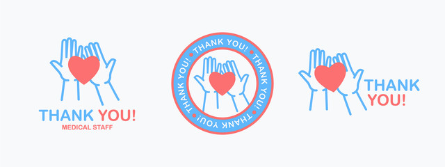 Thank you. Isolated phrase with silhouette of hands holding a heart symbol on the palms on white background. Logo or emblem design for poster, web banner or social media. Thank you medical staff set. 